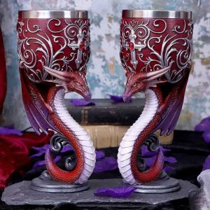 Gothic Dragon Wine Goblet Set Medieval Style Stainless Steel Lined Cup with Cross and Red Gem Perfect for Fantasy Lovers