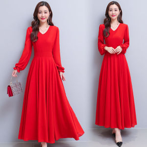 Elegant V-Neck Long Sleeve Womens Chiffon Dress Slimming Waist Cinched Floor-Length Gown for Spring Summer New 2024 Style