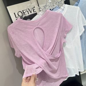 เสื้อโยคะแขนสั้นบางๆ ผ้าไผ่ กางเกงโยคะสำหรับผู้หญิง กระโปรงทรงเอ โพลีเอสเตอร์ สีพื้น ฤดูร้อน 2025 วัสดุกันลื่น