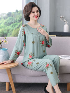 ชุดนอนผ้าไหมคอตตอนแขนยาวฤดูใบไม้ผลิและฤดูใบไม้ร่วงสำหรับคุณแม่ ชุดนอนผ้าไหมคอตตอนไผ่บาง ชุดอยู่บ้านสำหรับคุณแม่