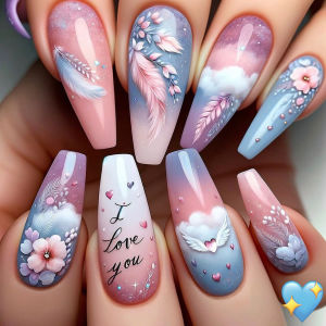 24pcs Long fake nails for women Y2K gradient blue pink flowers cloud red black heart design full cover acrylic press on nails