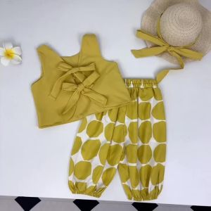 Girls Summer Solid Color Sleeveless Top + Cute Print Pant 2 Pcs Set (Comes with A Hat) Kids Fashion Casual Clothes 2-7 Years