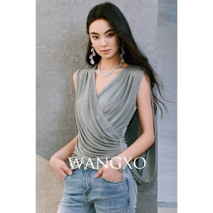 WANGXO | Áo Vest Knit Dáng Ôm Phong Cách Hy Lạp Có Nếp Nhăn Cổ V Kéo Chéo Không T Tay
