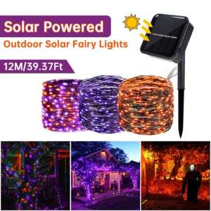 2 Pack/Set Halloween 240LED Black Copper Wire Solar Lamp With 8 Modes Purple Orange Lights For Home Garden Halloween Party Decor