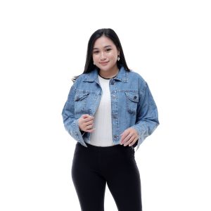 Jaket Jeans Crop Rawis Premium Wanita //Gambar Wanita 3D Pita Belakang/ Jaket Denim Body Pendek Ripped Rumbai Snow