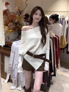 Korean Style Loose Fit Shoulder Bared Knitwear with Belt Casual Elegant Autumn Sweater Soft Long Sleeve Fashionable Top