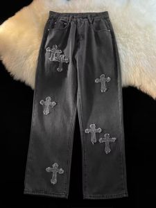 Spring & Fall High Street Cross Denim Male Trendy American Retro Washed Hiphop Straight-leg Loose Wide Leg Pants