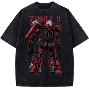 Bandai | Mens Womens Short Sleeve TShirt Sports T Shirt Multi Color Cotton Washed Retro Mobile Suit Gundam Zaku II Anime Print Streetwear