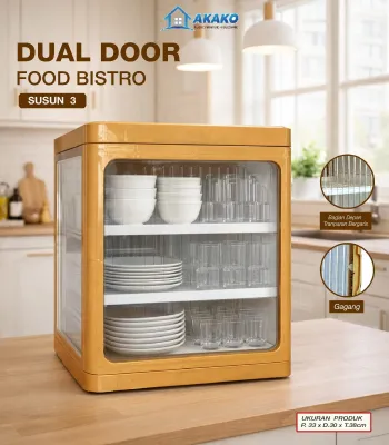 Akako food kabinet susun 3 rak susun kotak penyimpanan serbaguna dual Door dengan pintu geser dan pintu geser transparan.