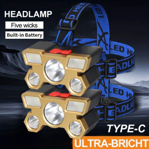 Headlamp Flashlight 5 LED Rechargeable Super Bright Beam for Outdoor Camping Hiking Fishing Waterproof Head Light Torch Lamp