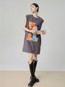 XIAODADEHUA | Gray Print Round Neck Sleeveless Womens T-Shirt