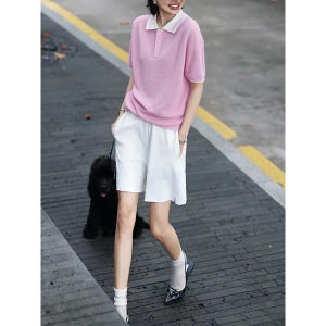 BOGUDU | Summer Simple Style Pink Collar Top And White Shorts Set