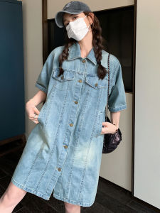 Korean Style Loose Sweet Denim Shirt Dress Women Summer New Casual Slimming Beautiful Dress A-Line Skirt Short Sleeve Mid-Length