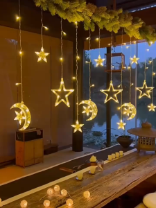 5m Moon Star Fairy lights Hari Raya lights 8 modes Colorful Led light strip for Room decor 138LED Curtain light Lampu Raya Waterproof Outdoor Lighting