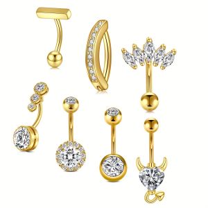 Golden Belly Button Rings Pack Stainless Steel 10mm Heart Flower Zircon Crystal Navel Hoops Clicker Belly Piercing Jewelry