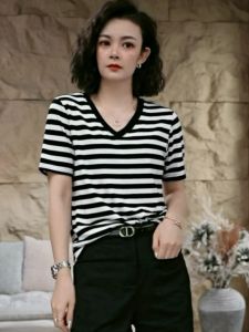 Áo Thun Cotton Cổ Chữ V Tay Ngắn Mùa Hè Mới Cho Nữ Dáng Rộng Thoải Mái Thường Ngày Đa Năng Thon Gọn