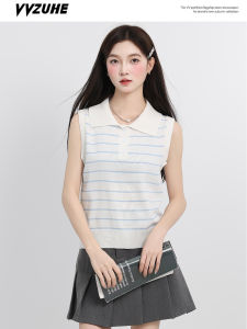 Áo Len Dệt Kim Không Tay Cổ Polo Rộng Rãi Màu Xanh Sọc Thời Trang Cho Nữ Mùa Thu 2025 Áo Khoác Ngoài Thường Ngày Áo Chui Đầu