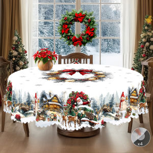 1 Piece of Merry Christmas Themed Printed Tablecloth Retro Country Farmhouse Style Santa Claus Snowman Snow Scene Pattern Design Suitable for Christmas New Year Party Party Decoration Kitchen Accessories Room and Outdoor Decoration Gifts for ...
