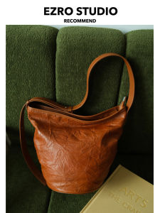 Ezro Leather Bucket Bag Womens Crossbody Handbag Soft Tote Bag with Texture And Folds Top Layer Cowhide Genuine Leather
