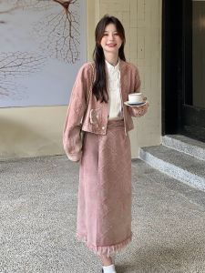 Pink New Chinese Style Fashion Set Women Spring Autumn 2025 Slimming Plaid Mini Skirt Denim Two Piece Set Student Work Uniform