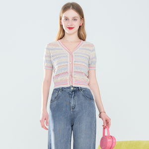 Lagogo Womens Short Sleeve Knitted Sweater Rainbow Stripes Hollow out Design Summer New Style Fashionable Business Lady Fit