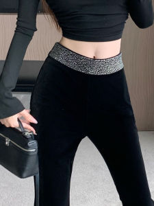 กางเกงขายาวทรงหลวมเอวสูงผ้ากำมะหยี่สีดำแฟชั่นฤดูใบไม้ร่วง/ฤดูหนาว กางเกงขายาวทรงหลวมประดับเพชร ทรงหลวม กางเกงขายาวทรงหลวม