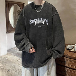 American Heavy Weight Washed Long Sleeves T-Shirt Mens Spring and Autumn Pure Cotton Loose Plus Size Teenagers round Neck Sweater Base Shirt