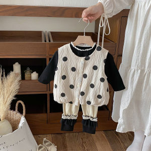 Girls Polka Dot Base Layer Outfit Three Piece Set Infant Spring Autumn Cotton Blend Fabric Warmth Comfortable Childrens Wear