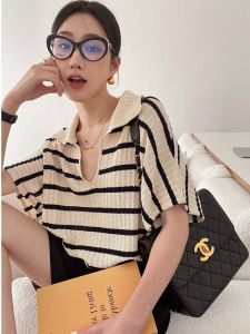 Ice Silk Polo Neck Knitted T-Shirt Women Summer Short Sleeve V Neck Pullover Top Stripe Pattern Loose Fit Commute Style
