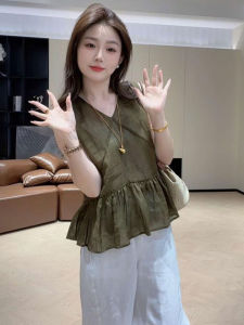 YUFUQING | French Style Green Lace Trim V-Neck Sleeveless Shirt Women Summer New High-End Lightweight Elegant Top Thin Long Polyester Fiber