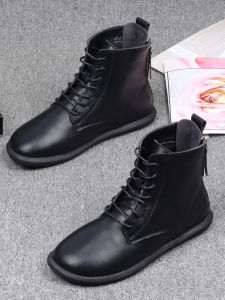 Korean Style Large Size Womens Boots Fall New Fashion Soft Leather Flat Bottom Short Boot with Fleece 41-43 Size Women Shoes