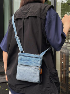 Retro Japanese Denim Crossbody Bag Womens Single Shoulder Mobile Phone Bag Versatile Casual Style Soft Handle Zipper Closure