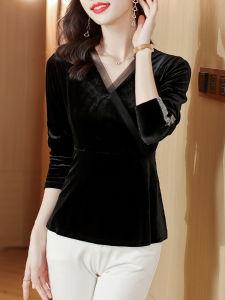 Fashionable Gold Velvet Long Sleeve Womens T-shirt Cross V-neck Slimming Base Layer Shirt Elegant Autumn Wear New Style