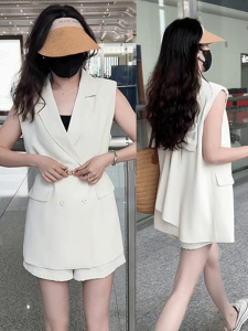 Shalldoer | Unique Back Bowtie Suit Set Womens Summer Butterfly Knot Vest Shorts Two-Piece Set Not Colliding Style Polo Collar Buttoning