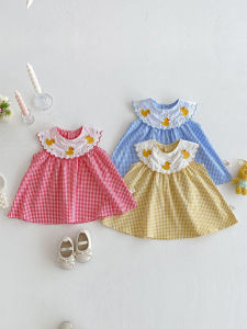 Girls Pure Cotton Duck Embroidery Summer Dress Plaid Skirt Style Childrens Korean Version Vest Dress Baby Cartoon Dress