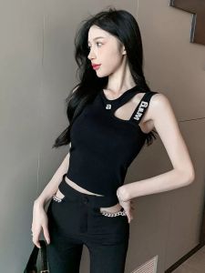 Independent design New Summer New Arrival Sleeveless Single Shoulder Hollow Out Diamonds Letters Slim Knitted Tank Top Woomen Vest GE319