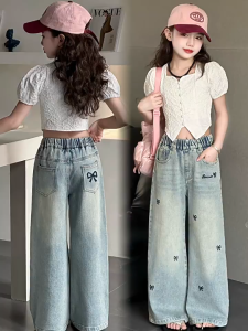 ซื้อ1แถม1 กางเกงเด็กผู้หญิง กางเกงยีนส์เด็กผู้หญิง เอวสูง เอวยางยืด การออกแบบปัก รูปแบบการ์ตูน ระบายอากาศได้สะดวกสบาย เหมาะสำหรับอายุ 7-15 ขวบ