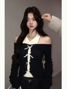 Áo Len Dệt Kim Cổ Bẻ Thắt Nút Bướm Nữ Thu Đông Áo Lót Hai Mảnh Ôm Vừa Vặn Áo Sơ Mi Cổ Polo Dài Tay Thường