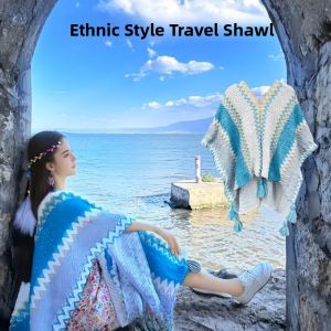 Ethnic Knitted Shawl Womens Travel Wear Scarf Cape Outerwear Poly Fiber Tassel Trim Multifunctional Long Rectangle Shape
