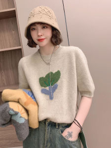 เสื้อถักแขนสั้นแจ็คการ์ดเสื้อตัวในสวมหัวคอกลมผ้าไอซ์ซิลค์จับคู่สีลำลองลดอายุแมทช์ลุคง่ายแบบใหม่ฤดูร้อนเสื้อท่อนบน