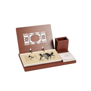 FARAMON | Multifunction Business Desk Calendar Pen Holder Stationery Organizer Chinese Style Wooden Display Gift Box