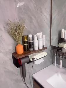 Wall-Mount Drill-Free Walnut Hair Dryer Storage Rack