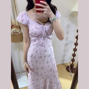 PEIZIXUAN | Vintage French Red Floral Summer Elegant Slim Waist Dress