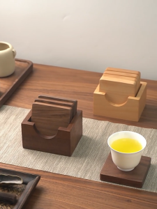 ที่รองแก้วชา & กาแฟไม้จริงวอลนัท – ทนความร้อน แบบเดี่ยว / เซ็ตพร้อมที่วาง ใช้ในบ้านและสำนักงาน