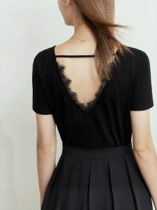 AMII | Versatile Round-neck Ice Ceramic Cotton Lace-trimmed Backless Stretch T-shirt