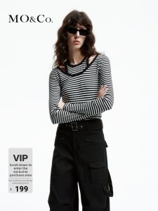 MO&Co. | Autumn Spring Two-Piece Design Waist Slimming Striped Elastic T-shirt