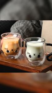 JUSTINLAU 250ml Cat Mugs High Borosilicate Glass Double Vacuum Cute Coffee/tea Cup with Handle Cold and Heat Resistant Milk Mug