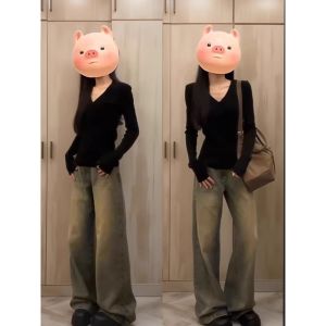 Black V-Neck Long Sleeve Base Shirt Womens Pure Desire Spicy Girl Style Low Neck Inner Wear Slimming Top for Autumn