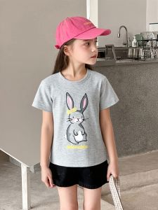 27home Kids Cotton T-shirt Short Sleeve Rabbit Cartoon Print Summer New Arrival Childrens Clothing for Girls Ages 1-18