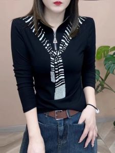 Fashionable Pure Color Stand Collar Half Zip Long Sleeve Base Shirt Womens Anti-Aging Top Small Shirt Korean Style Polyester Fiber